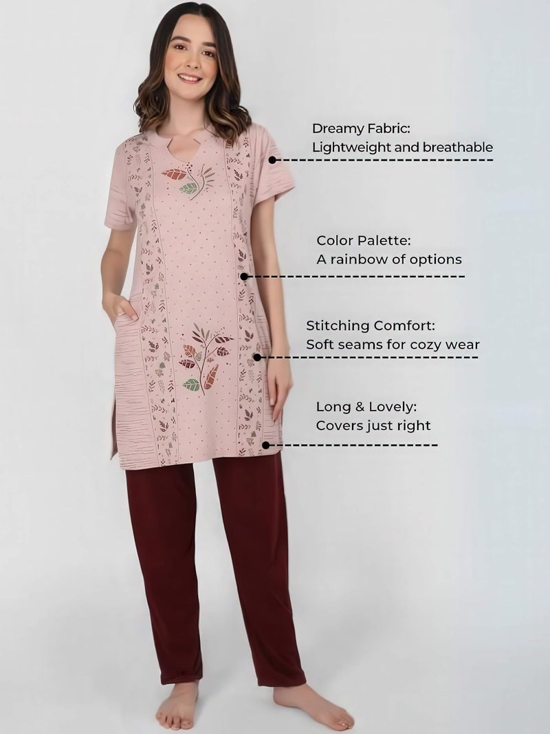 Duchess Women's Cotton Printed & Embroided Long Length Night Suit Set - Pajama Set, Pink, Large - Image 4