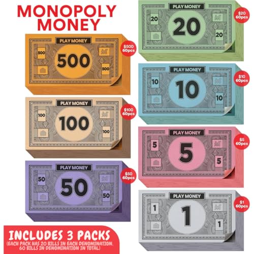 oreven Play Money Compatible for Monoply Money 60 Each Bill Denomination Mixed Colors 1 5 10 20 50 100 and 500 3 Set - Image 5
