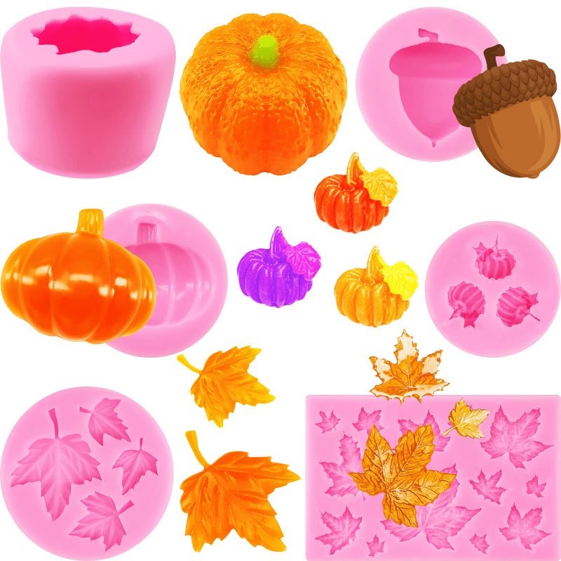 6 Pieces Pumpkin Maple Leaves Fondant Mold 3D Pumpkin Candle Epoxy Mold Halloween Maple Leaves Silicone Mold Thanksgiving Theme Silicone Mold for Making Cupcake Chocolate Cookie Fondant Cake Decor