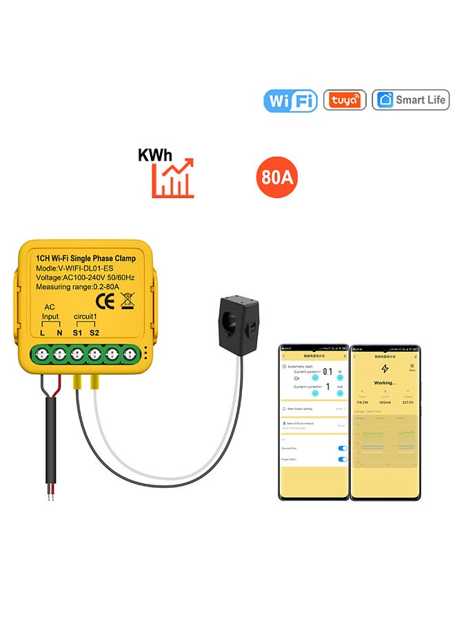 Generic - Tuya WiFi Smart Home Energy Monitor 2.4GHZ Smart Energy Meter Single Phase Consumption Monitor 80A Solar Current Transformer Clamp Power Consumption Monitor - Image 1