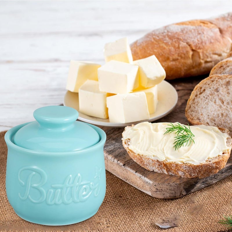 Ceramic Butter Crock with Lid French Butter Dish Covered Storage Container Blue Kitchen Countertop - Image 5