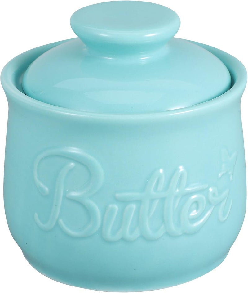 Ceramic Butter Crock with Lid French Butter Dish Covered Storage Container Blue Kitchen Countertop - Image 1