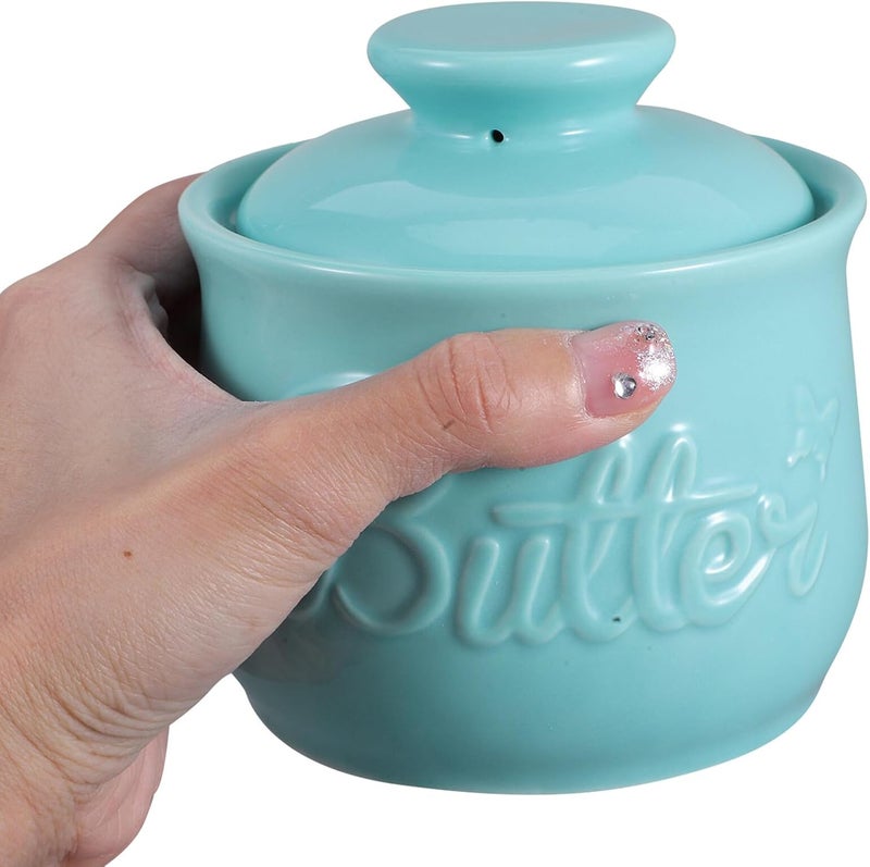 Ceramic Butter Crock with Lid French Butter Dish Covered Storage Container Blue Kitchen Countertop - Image 4