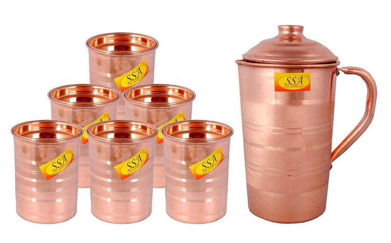 SHIV SHAKTI ARTS Shiv Shakti Arts Pure Copper JugPitcher with 6 Glasses Drinkware Set Silver Touch Design Capacity 15 Liter 7 Pieces Set - Image 1