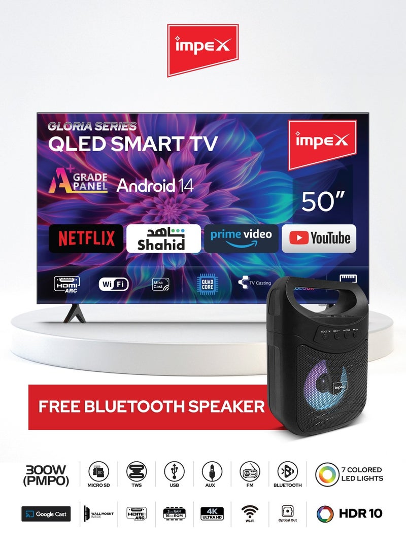 Impex 50 Inch Full HD QLED Smart TV – Android 14, 8GB/1GB, Quad-Core, Frameless, TV Casting, 2 HDMI, 2 USB, RJ45, 176° Viewing Angle, Smart Energy Saving, A+ Zero Bright Dot, Television With 2Y Warranty Gloria50Q Black & Portable Bluetooth Speaker, 300W PMPO, 4-Inch Speaker, 7 Colored LED Lights, 800mAh Battery, Bluetooth 5.1, USB, Micro SD, AUX, FM, MIC, TWS Support, Type-C Charging, 10m Range, Black - MOLTO BlackBundle - Image 1