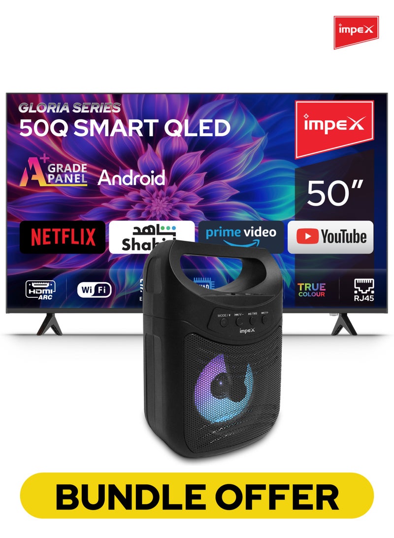 Impex 50 Inch Full HD QLED Smart TV – 8GB/1GB, Quad-Core, Frameless, TV Casting, 2 HDMI, 2 USB, RJ45, 176° Viewing Angle, Smart Energy Saving, A+ Zero Bright Dot, Television With 2Y Warranty Gloria50Q Black & Portable Bluetooth Speaker, 300W PMPO, 4-Inch Speaker, 7 Colored LED Lights, 800mAh Battery, Bluetooth 5.1, USB, Micro SD, AUX, FM, MIC, TWS Support, Type-C Charging, 10m Range, Black - MOLTO BlackBundle - Image 1