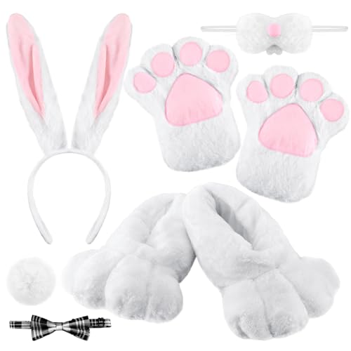 Cozypower 6 Pcs Halloween Bunny Costume Cosplay Accessories Kit, Bunny Shoes Ear Headband Nose Tail Rabbit Bow Tie Gloves - Image 1