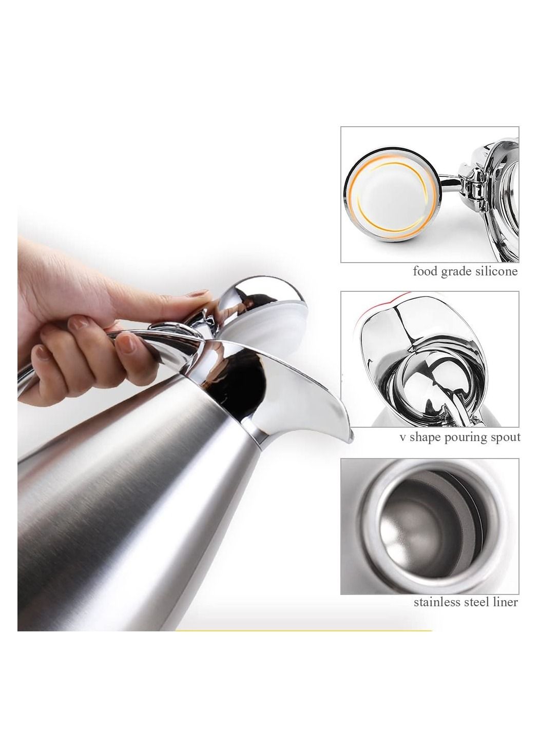 Stainless Steel Vacuum Carafe Double Wall Insulated Coffee Tea Pot With Press Button Lid Vacuum Flask Hot and Cold Water Bottle 1.5L Silver 