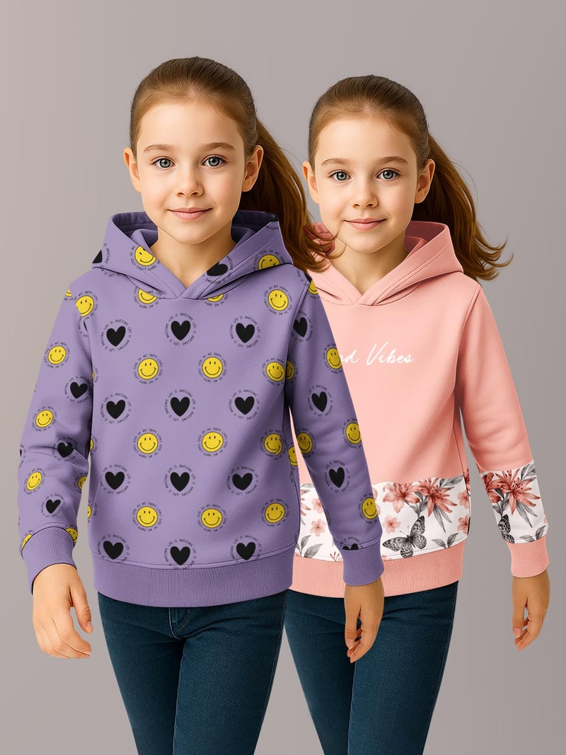 HELLCAT Trendy Cotton Blend Hoodie Sweatshirt for Girls - Pack of 2_Lavender, Peach_3-4Years - Image 2
