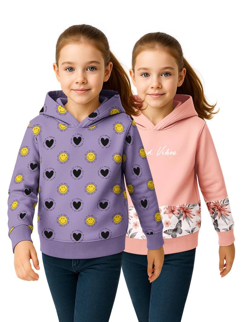 HELLCAT Trendy Cotton Blend Hoodie Sweatshirt for Girls - Pack of 2_Lavender, Peach_3-4Years - Image 1