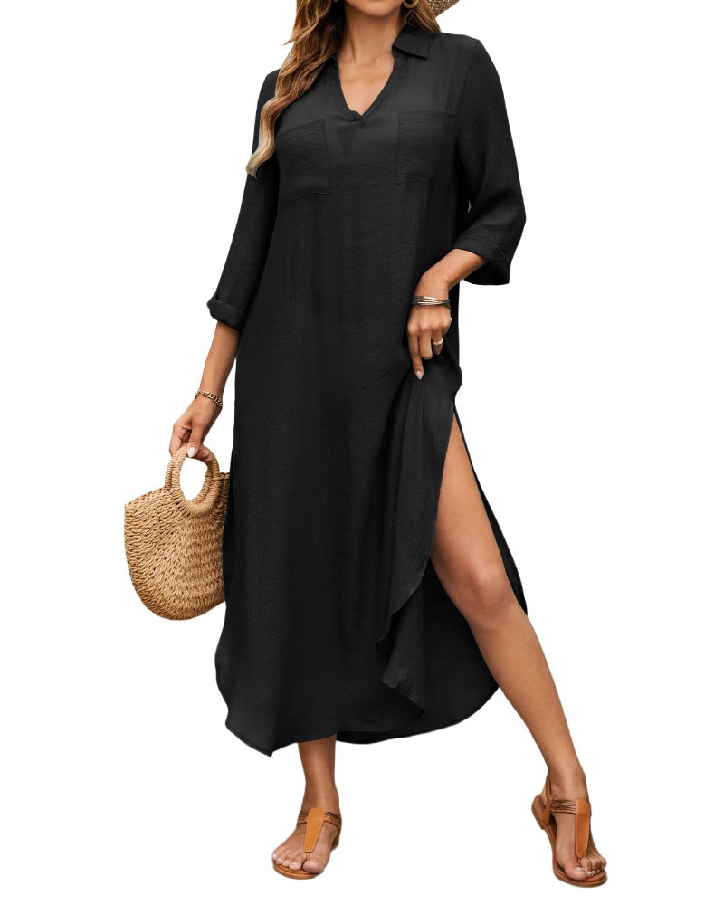 Bsubseach Womens Bathing Suit Cover Up V Neck Long Swimsuit Cover Up Beach Shirt Dress Swimwear with Pockets Black - Image 1
