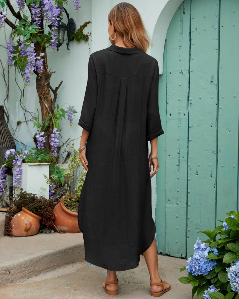 Bsubseach Womens Bathing Suit Cover Up V Neck Long Swimsuit Cover Up Beach Shirt Dress Swimwear with Pockets Black - Image 3