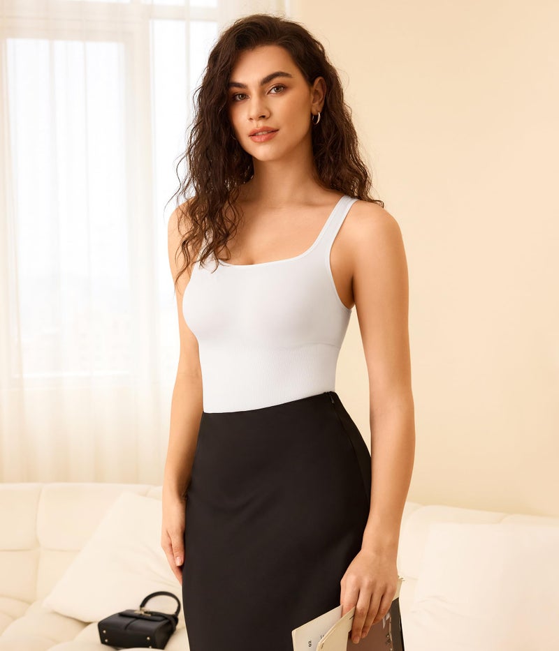 Eleady White Bodysuit Women - Body Suits for Womens Tummy Control Tank Top Thong Bodysuits Shapewear Square Neck - Medium/Large - Image 3