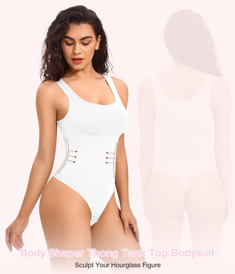 Eleady White Bodysuit Women - Body Suits for Womens Tummy Control Tank Top Thong Bodysuits Shapewear Square Neck - Medium/Large - Image 2