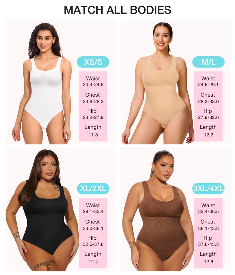 Eleady White Bodysuit Women - Body Suits for Womens Tummy Control Tank Top Thong Bodysuits Shapewear Square Neck - Medium/Large - Image 5