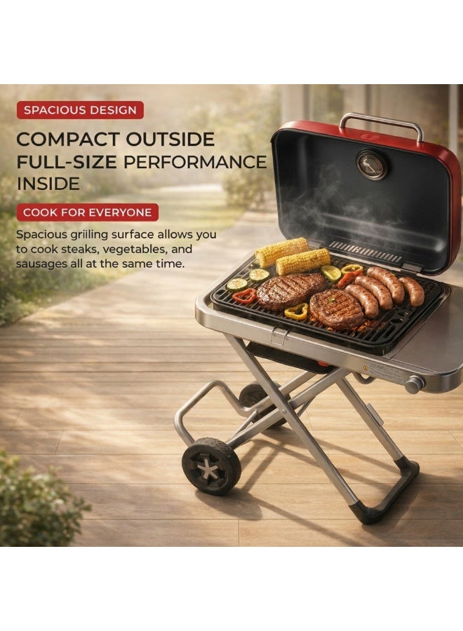 Manful Portable BBQ Gas Grill with Foldable Stand & Wheels, Stainless Steel Charcoal Grill, Compact Outdoor Barbecue Cooker for Camping, Picnic, Travel & Garden Cooking (Red) - Image 3