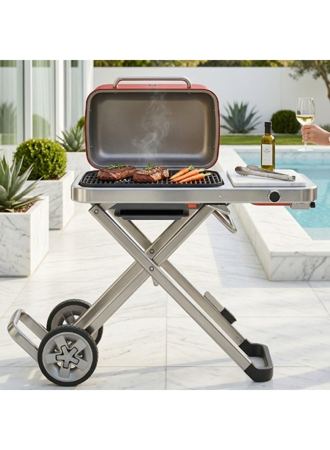 Manful Portable BBQ Gas Grill with Foldable Stand & Wheels, Stainless Steel Charcoal Grill, Compact Outdoor Barbecue Cooker for Camping, Picnic, Travel & Garden Cooking (Red) - Image 2