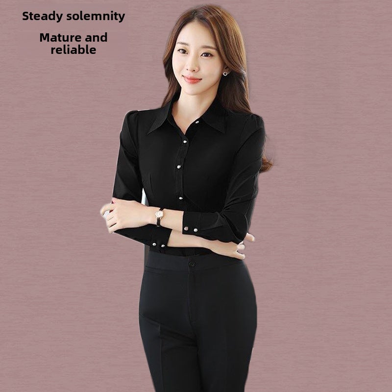 Korean Style Red Black Slim-fit Womens Long Sleeve Shirt Black - Image 1