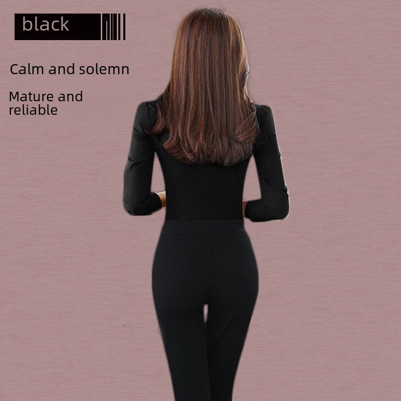 Korean Style Red Black Slim-fit Womens Long Sleeve Shirt Black - Image 5