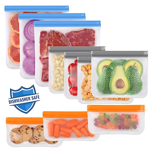 Lerine 10 Pack Dishwasher Safe Reusable Bags Leakproof Reusable Freezer Bags BPA Free Food Storage Bags for Marinate Food Travel  3 Gallon 4 Sandwich 3 Snack