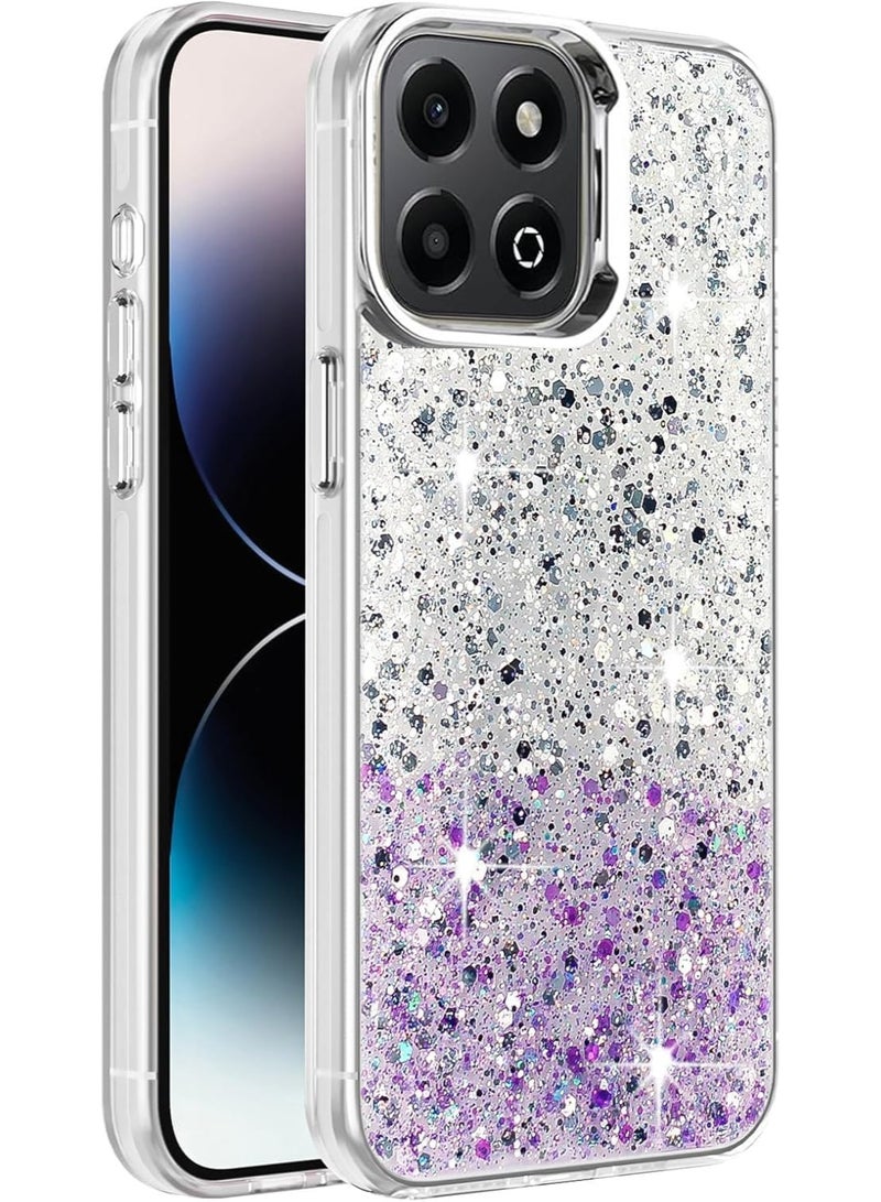 Akiira Back Case Compatible with Huawei Honor X7C Cover, Clear Glitter Bling Sparkly, Soft TPU Frame Bumper, Hard-Back Cover for Women & Girls, Transparent (Silver/Purple) - Image 1
