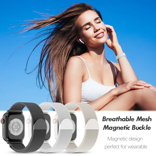 DYKEISS 3 Pack Metal Mesh Loop Compatible with Apple Watch Band 38mm 40mm 41mm 42mm 44mm 45mm 46mm 49mm Women Men, Stainless Steel Magnetic Clasp Strap for iWatch Series 11 10 9 8 SE 7 6 5 4 3 2 1 Ultra - Image 4