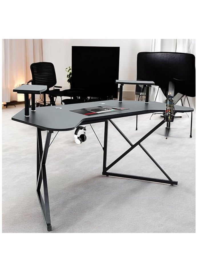 Multi Home Furniture L-Shaped Gaming Desk MH-129-BLACK 160x60x76cm – Ergonomic Carbon Fiber Computer Desk with Steel Frame, Dual Monitor Riser, Headphone & Cup Holder  - Image 1
