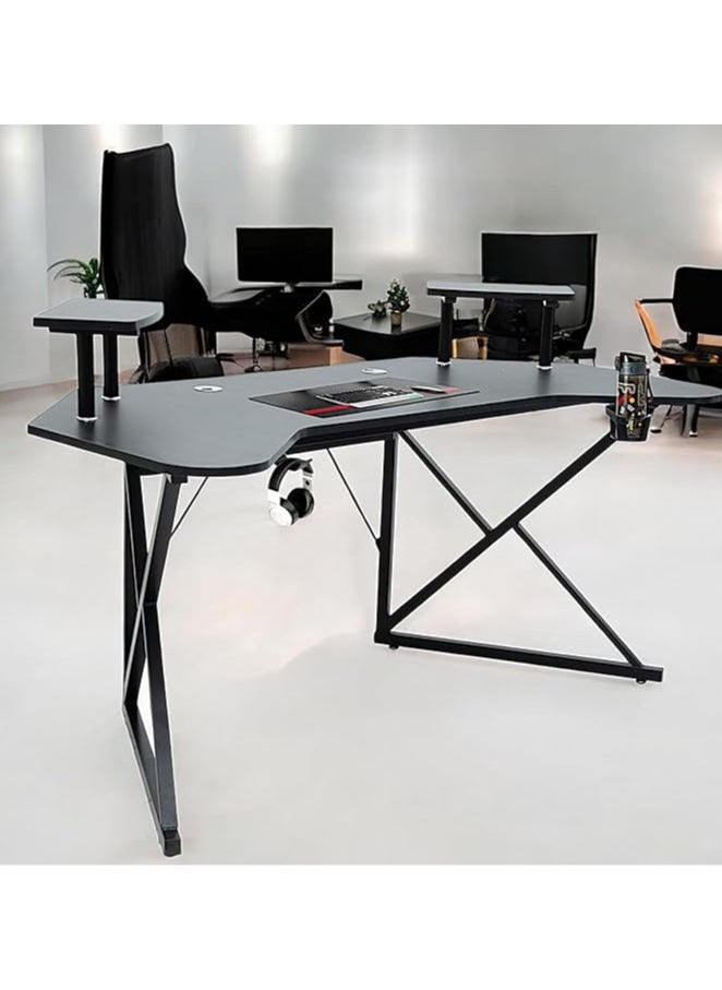 Multi Home Furniture L-Shaped Gaming Desk MH-129-BLACK 160x60x76cm – Ergonomic Carbon Fiber Computer Desk with Steel Frame, Dual Monitor Riser, Headphone & Cup Holder  - Image 2