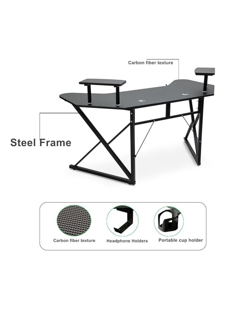 Multi Home Furniture L-Shaped Gaming Desk MH-129-BLACK 160x60x76cm – Ergonomic Carbon Fiber Computer Desk with Steel Frame, Dual Monitor Riser, Headphone & Cup Holder  - Image 3