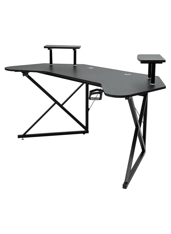 Multi Home Furniture L-Shaped Gaming Desk MH-129-BLACK 160x60x76cm – Ergonomic Carbon Fiber Computer Desk with Steel Frame, Dual Monitor Riser, Headphone & Cup Holder  - Image 4