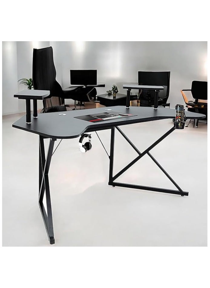 Multi Home Furniture L-Shaped Gaming Desk MH-129-BLACK 160x60x76cm – Ergonomic Carbon Fiber Computer Desk with Steel Frame, Dual Monitor Riser, Headphone & Cup Holder  - Image 5