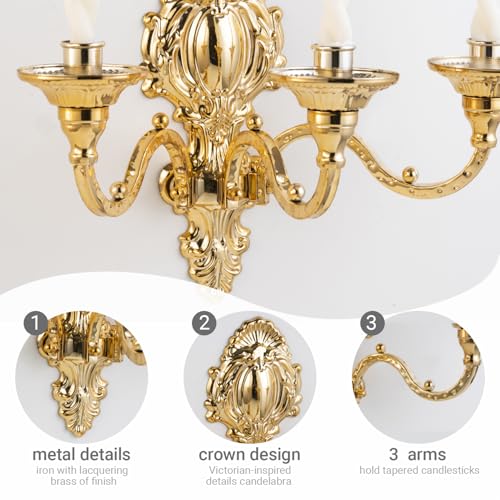 Capesaro 3-Candle Wall Sconces,Victorian Metal Wall Mounted Candlestick,Gold Crown Candle Holders for Tapered Candle,Gothic Antique Candelabra,Brass Baroque Decor for Living Rooms Hallways(1pack - Image 3