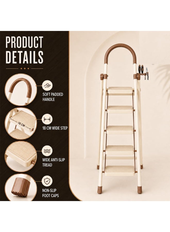 DubaiGallery Stylish 5-Step Household Safety Ladde Featuring broad non-slip steps, a secure arched handrail, durable legs, protective foot caps, and a practical folding design, this household ladder combines stability, comfort, and modern elegance for everyday cleaning, organizing, decorating, and maintenance tasks. - Image 1