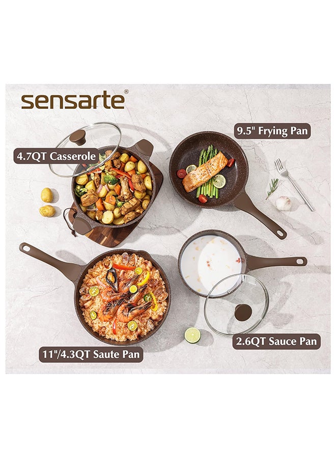 16 Piece Swiss Granite Coating Cookware Set, Non-Stick, PFOA/PFOS/APEO Free, 1X24Cm Casserole With Lid,1X28Cm Deep Fry Pan With Lid, 1X24Cm Fry Pan, 1X32Cm Fry Pan, 1X16Cm Sauce Pan, 1X20Cm Sauce Pan With Lid, 3 Utensils, 5X Protectors, Toffee Brown