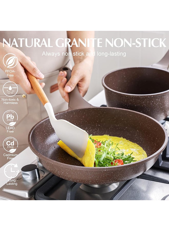 16 Piece Swiss Granite Coating Cookware Set, Non-Stick, PFOA/PFOS/APEO Free, 1X24Cm Casserole With Lid,1X28Cm Deep Fry Pan With Lid, 1X24Cm Fry Pan, 1X32Cm Fry Pan, 1X16Cm Sauce Pan, 1X20Cm Sauce Pan With Lid, 3 Utensils, 5X Protectors, Toffee Brown