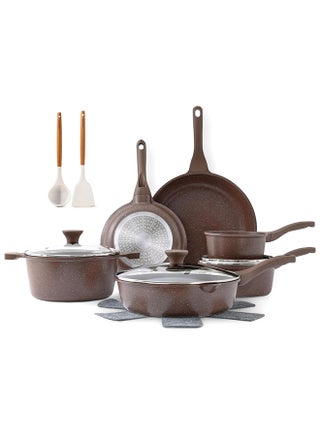 16 Piece Swiss Granite Coating Cookware Set, Non-Stick, PFOA/PFOS/APEO Free, 1X24Cm Casserole With Lid,1X28Cm Deep Fry Pan With Lid, 1X24Cm Fry Pan, 1X32Cm Fry Pan, 1X16Cm Sauce Pan, 1X20Cm Sauce Pan With Lid, 3 Utensils, 5X Protectors, Toffee Brown - pzsku/ZA512765AB4CA8CFC05B0Z/45/_/1735290163/fbe9d895-166a-410a-be54-cdc6c1e08a3a