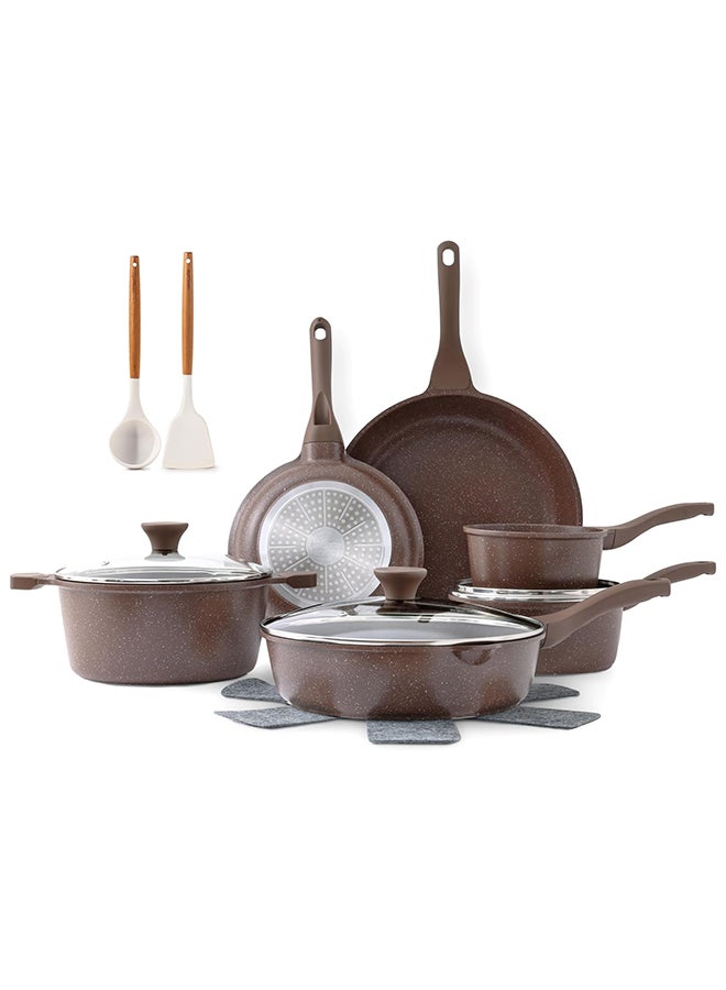 Sensarte 16 Piece Swiss Granite Coating Cookware Set, Non-Stick, PFOA/PFOS/APEO Free, 1X24Cm Casserole With Lid,1X28Cm Deep Fry Pan With Lid, 1X24Cm Fry Pan, 1X32Cm Fry Pan, 1X16Cm Sauce Pan, 1X20Cm Sauce Pan With Lid, 3 Utensils, 5X Protectors, Toffee Brown  - Image 1