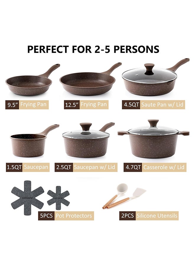 Sensarte 16 Piece Swiss Granite Coating Cookware Set, Non-Stick, PFOA/PFOS/APEO Free, 1X24Cm Casserole With Lid,1X28Cm Deep Fry Pan With Lid, 1X24Cm Fry Pan, 1X32Cm Fry Pan, 1X16Cm Sauce Pan, 1X20Cm Sauce Pan With Lid, 3 Utensils, 5X Protectors, Toffee Brown  - Image 4
