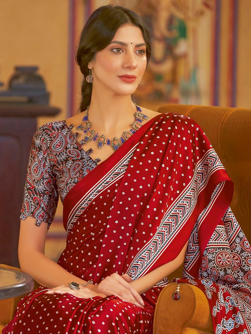 SAREE MALL Women's Ajrkh Print Satin Crepe Bandhani Printed Saree With Unstitched Blouse Piece(Red_MOHAR104A_HS) - Image 3
