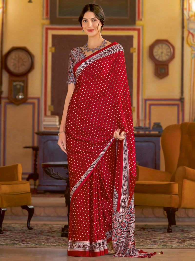 SAREE MALL Women's Ajrkh Print Satin Crepe Bandhani Printed Saree With Unstitched Blouse Piece(Red_MOHAR104A_HS) - Image 2
