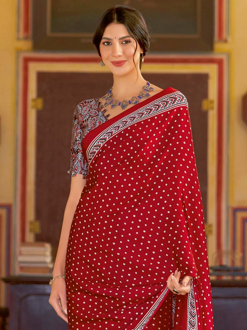 SAREE MALL Women's Ajrkh Print Satin Crepe Bandhani Printed Saree With Unstitched Blouse Piece(Red_MOHAR104A_HS) - Image 4