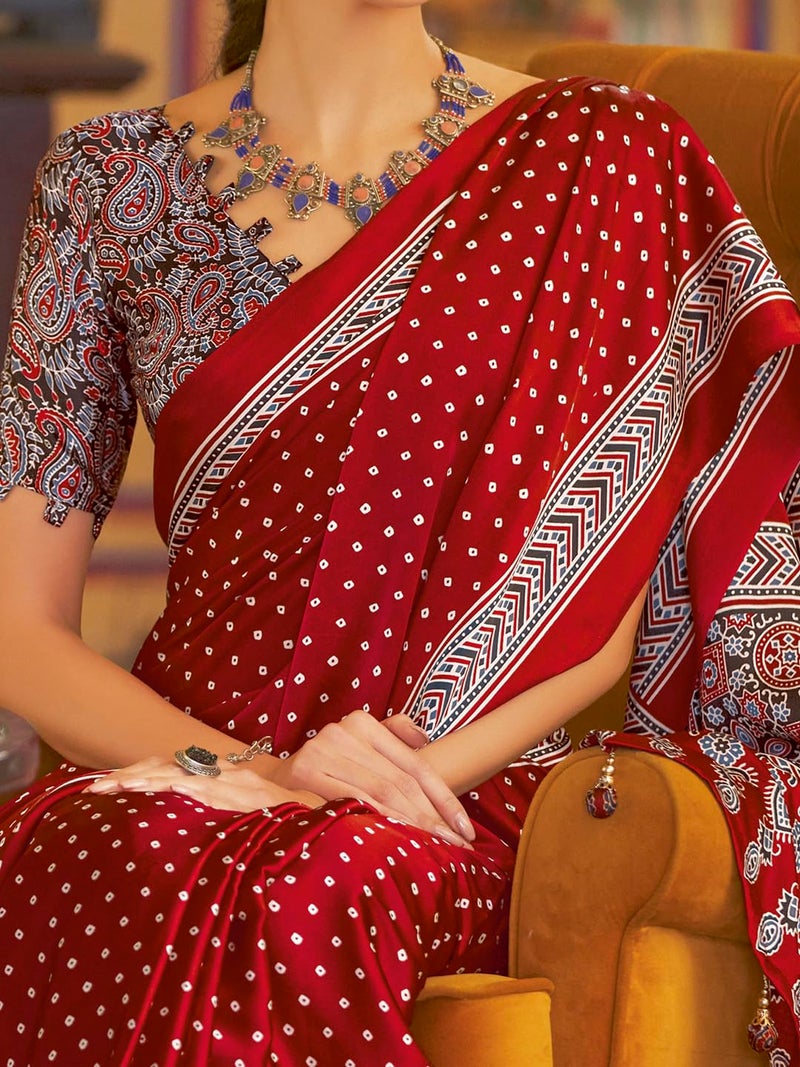 SAREE MALL Women's Ajrkh Print Satin Crepe Bandhani Printed Saree With Unstitched Blouse Piece(Red_MOHAR104A_HS) - Image 5