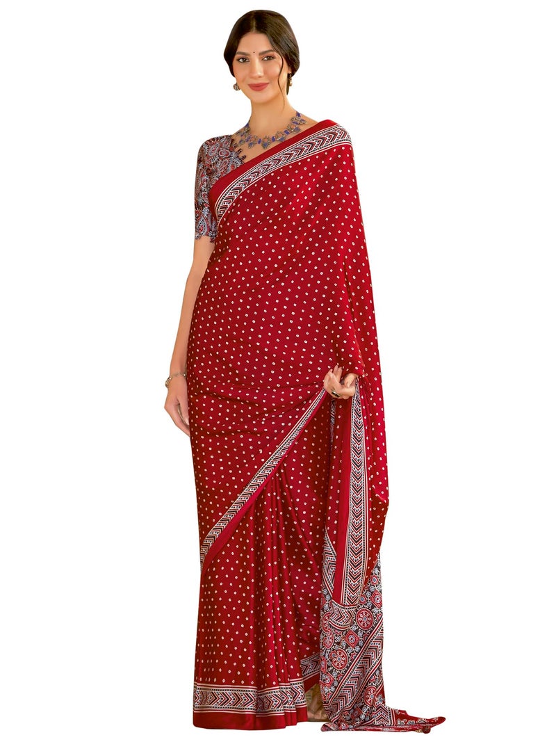 SAREE MALL Women's Ajrkh Print Satin Crepe Bandhani Printed Saree With Unstitched Blouse Piece(Red_MOHAR104A_HS) - Image 1