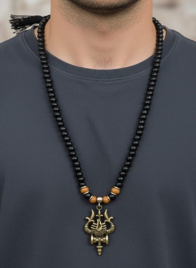 ringzinnie Mahadev Trishul Damru Pendant Black Beads Necklace for Men – Spiritual Rudraksha Style Fashion Jewellery | Daily Use & Gift for Shiv Bhakt (Antique Gold Pendant) - Image 3