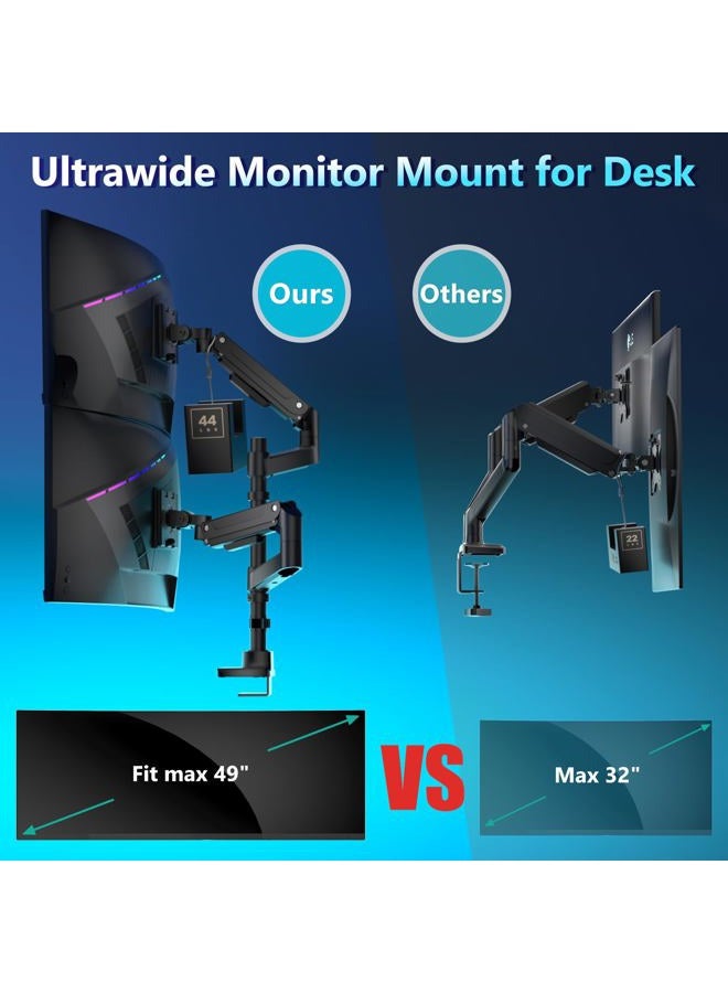 WALI Dual Monitor Mount for Ultrawide Heavy Duty Curved Monitor Stacking, Dual Monitor Arm Fits 17-49 Inch for Ultrawide Screens up to 44lbs, 49 inch Monitor Arm, Black - Image 4
