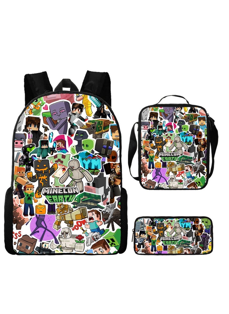 MINECRAFT Digital Printing Large Capacity Backpack Three piece Set Lunch Bag Pen Bag Polyester Comfortable Load Reducing Backpack for Students and Children Unisex  - Image 1