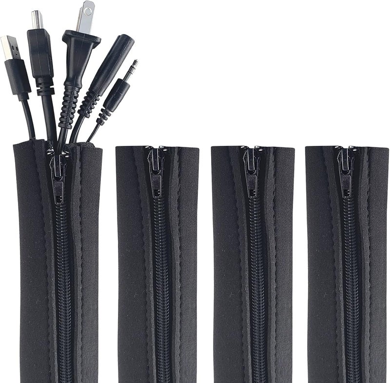Wrap-It Storage Zipper Cable Sleeve by - 24" x 4" (4-Pack) Black - Cord Organizer and Cable Protector for Desk, Computer, TV Cord Management to Hide and Cover Wire and Extension Cables - Image 1