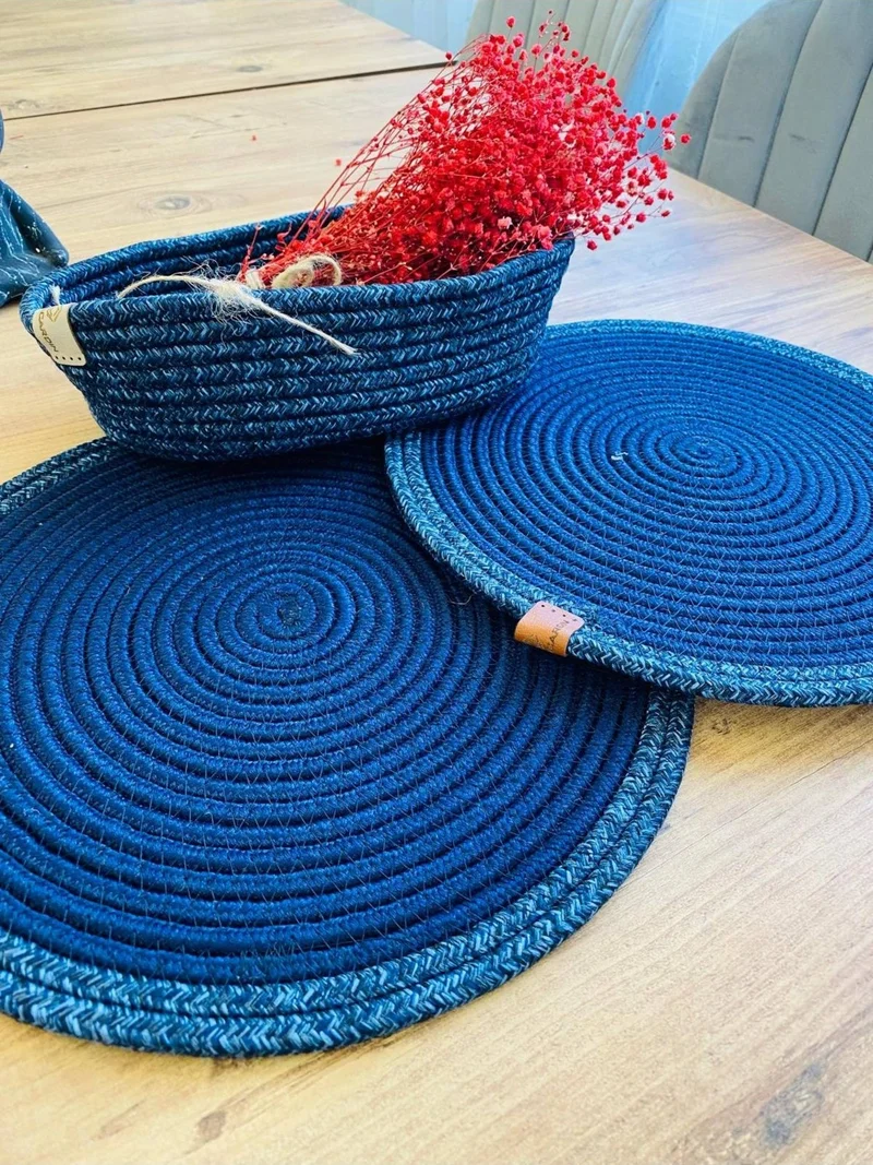 بدز ديري BDZ Leather Wicker Jute Presentation Plate Mat American Service and Basket 3 Pieces