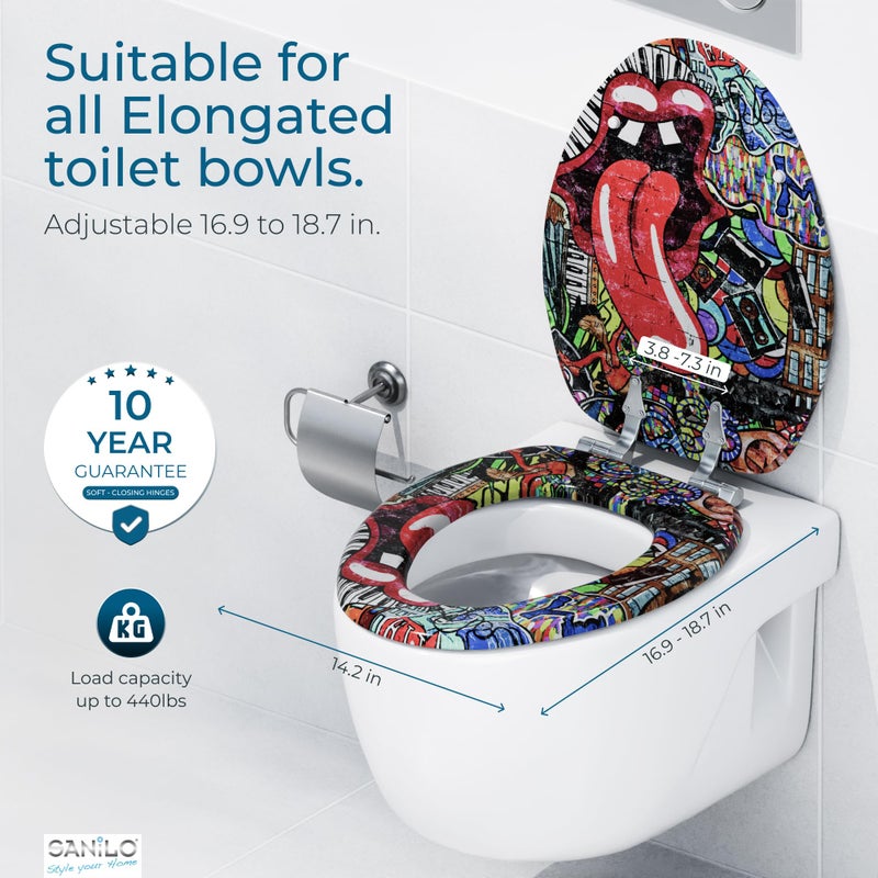 SANILO Wooden Toilet Seat with Soft Close [ELONGATED] - Decorative, Quiet & Slow Close Molded Wood Seat - With Strong Bumpers & Hinges - Adjustable Fit - Graffiti - Image 4