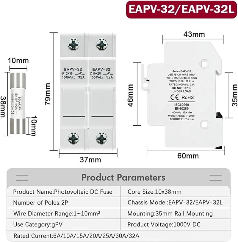 Eapv 32 2p 30A DC Fuse Holder 2P Parallel 10x38mm 1000V Solar PV Photovoltaic System Protection - Image 4